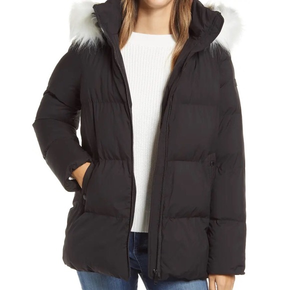 SAM EDELMAN Water Repellent Faux Fur Trim Puffer Jacket M Black - Picture 1 of 11
